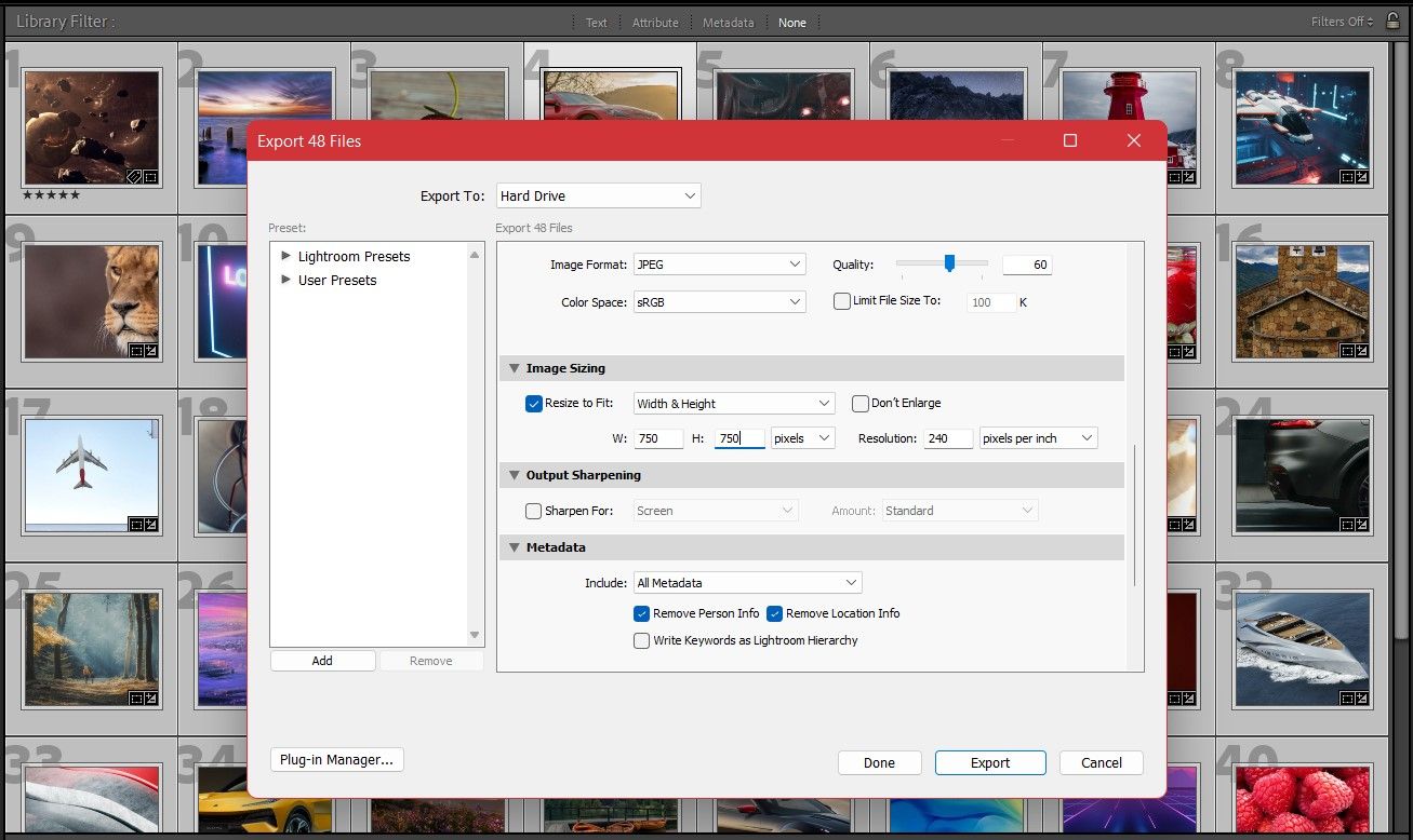 Окно экспорта в Lightroom, раздел Image Sizing