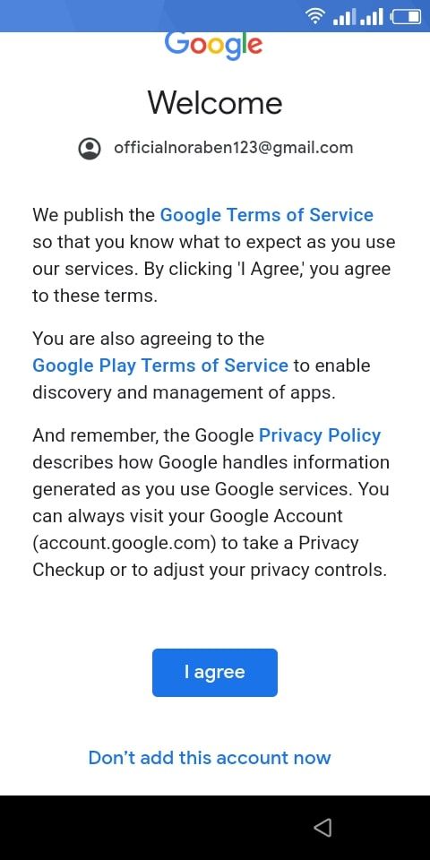 Welcome Screen to set up Google services