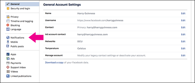 Пункт Уведомления в боковом меню Facebook