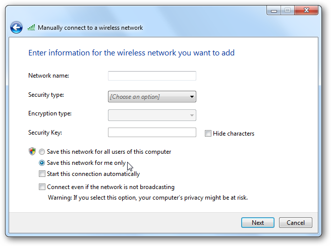 Форма с выбором области видимости профиля и полями SSID и пароля