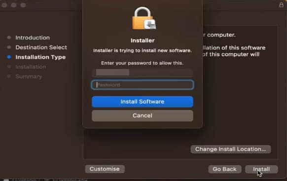 Запрос пароля администратора macOS для установки VirtualBox