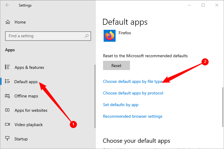 Снимок экрана: раздел Приложения по умолчанию, список типов файлов