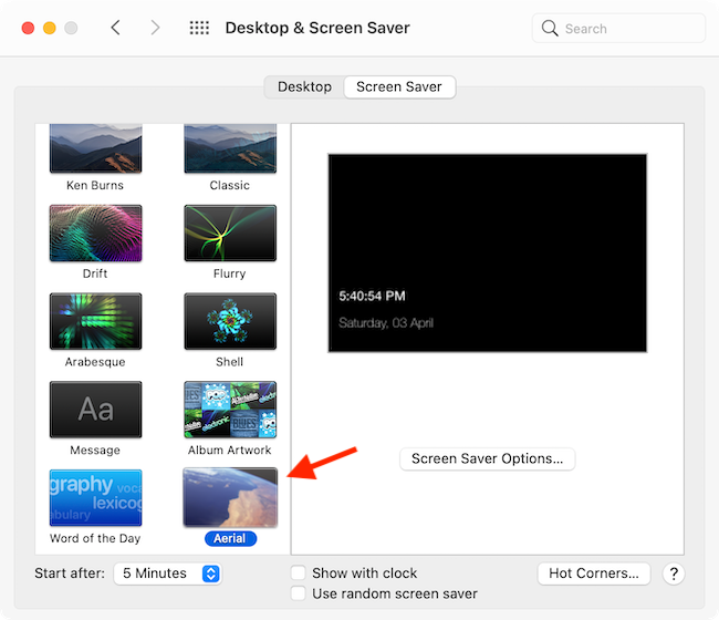 Выберите Aerial как новую заставку
