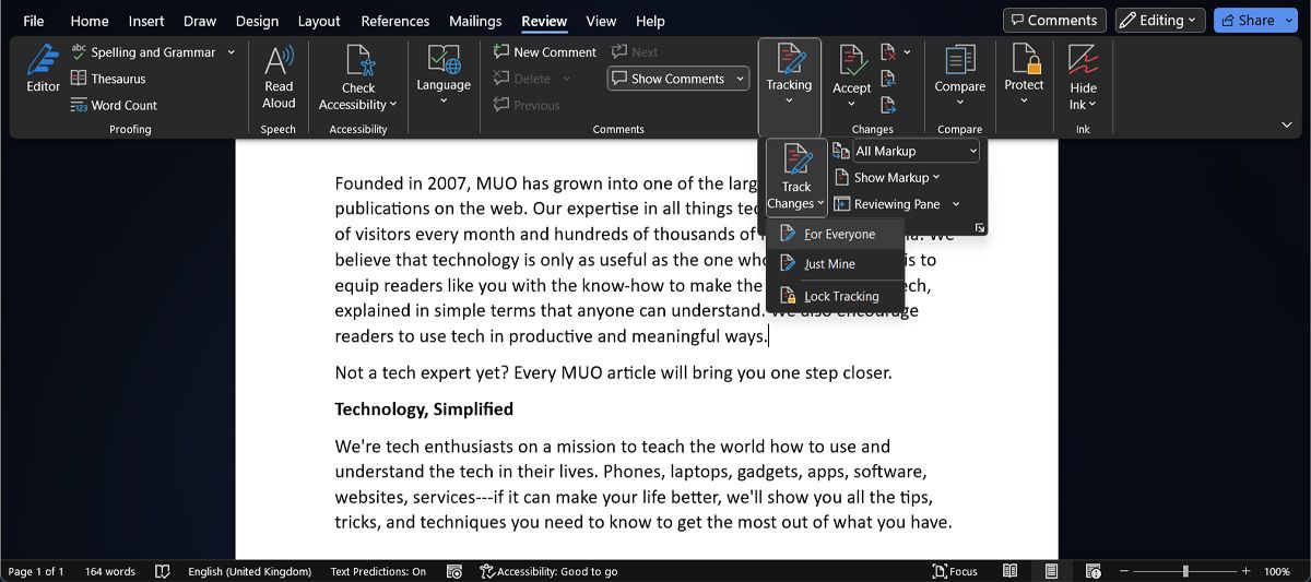 Включение отслеживания правок в Word
