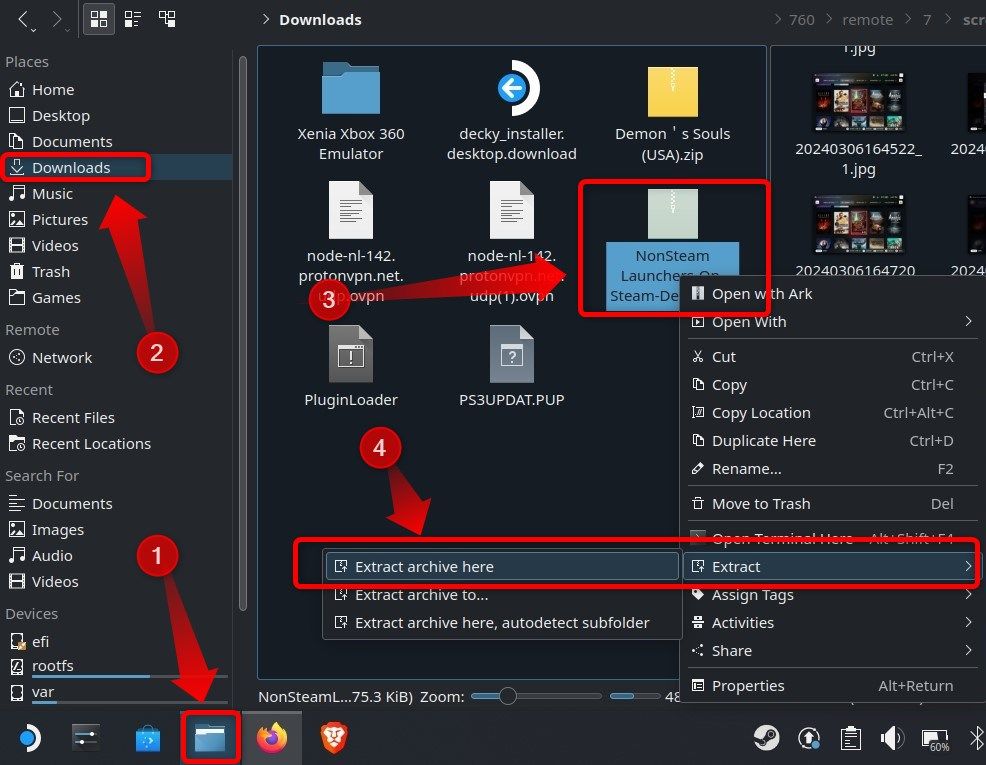 Извлечение архива NonSteamLaunchers.zip в Dolphin.