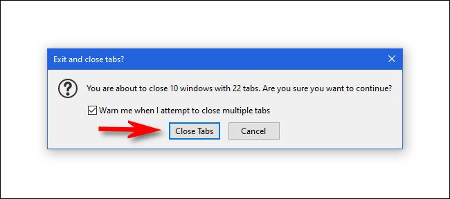Подтверждение: кнопка «Закрыть вкладки»