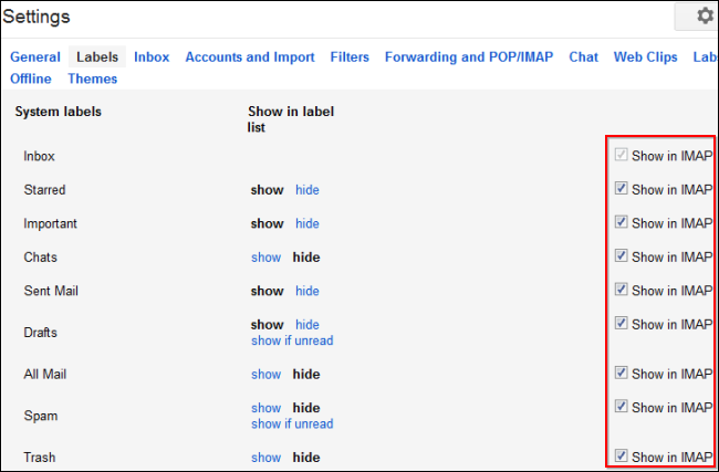 Снимок экрана: настройка отображения меток в IMAP