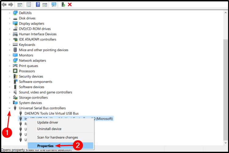 Список контроллеров USB в Диспетчере устройств