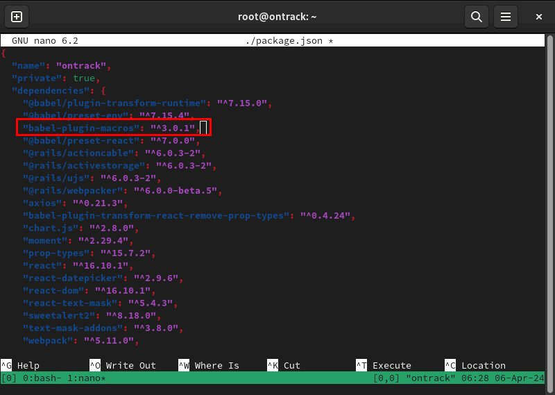 Терминал, показывающий добавленную зависимость.