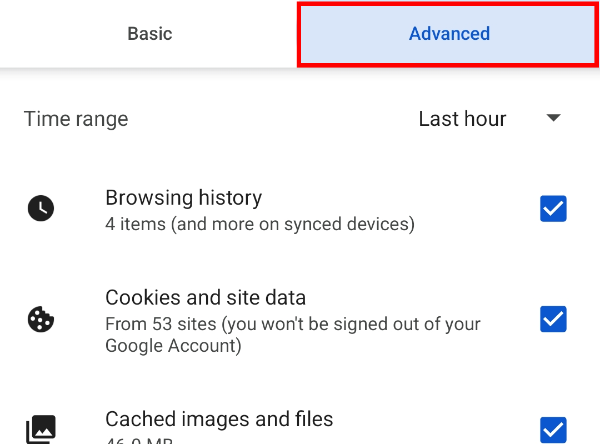 Вкладка «Дополнительно» в меню очистки данных позволяет удалить пароли и другие чувствительные элементы.