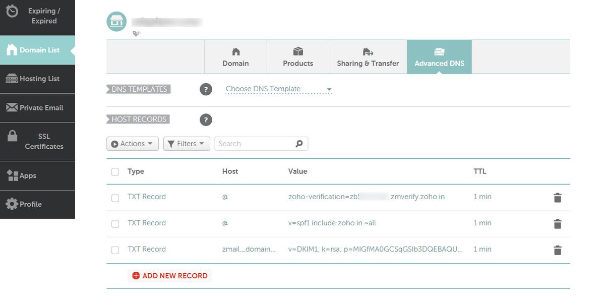 paste the dkim key in namecheap