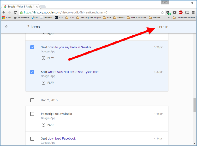 Меню с опциями удаления по периоду
