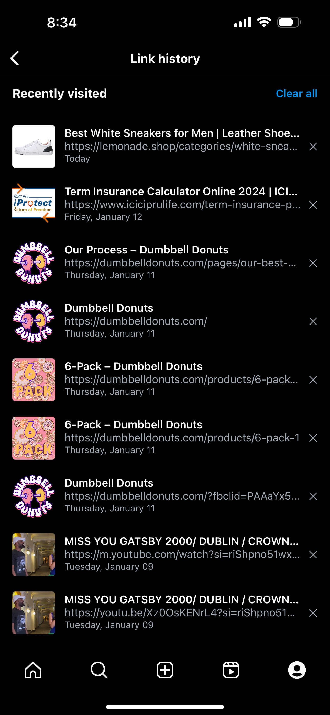 Instagram showing a list of links visited