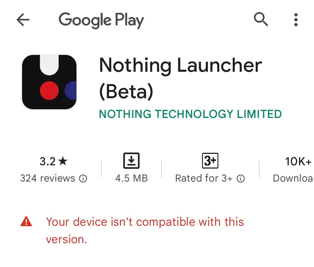Ошибка несовместимости Nothing Launcher