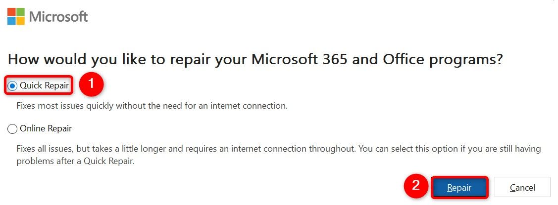 Выбраны 'Quick Repair' и кнопка 'Repair' в инструменте восстановления Office