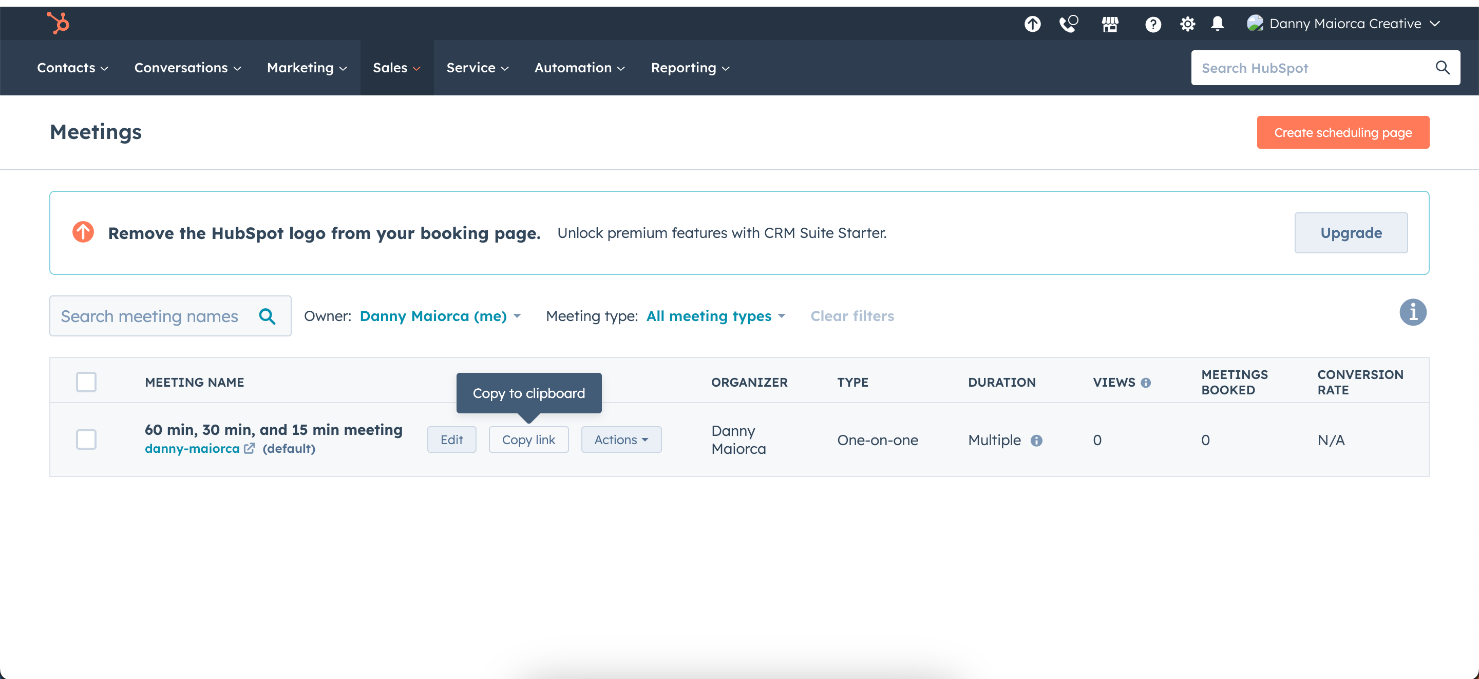 Копирование ссылки на встречу в HubSpot для передачи гостям