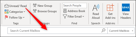 Поле поиска Outlook под лентой