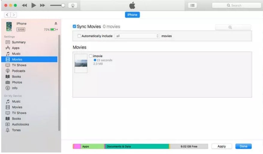 iTunesでムービーを同期する画面