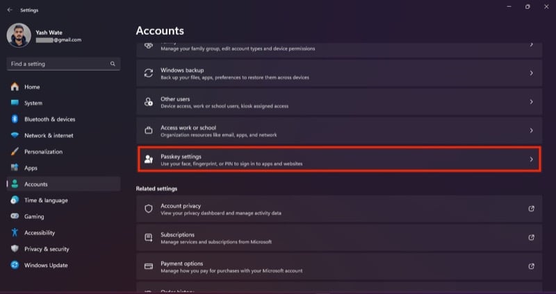 Параметры ключей доступа в приложении Параметры Windows 11