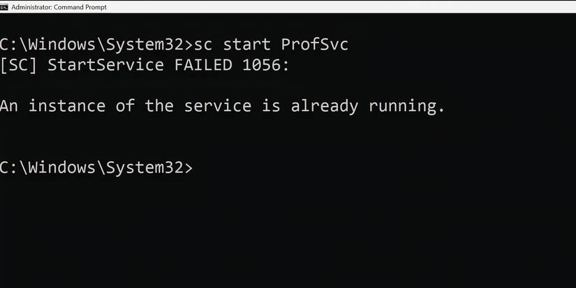 Окно командной строки с командой для запуска службы профиля пользователя