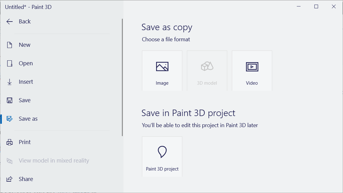Опции Save As в Paint 3D
