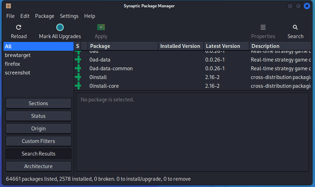 Список всех пакетов в Synaptic после перезагрузки индекса