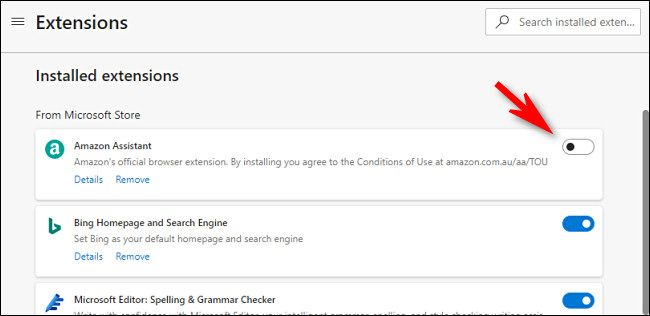 Пример отключения расширения в Edge — нажмите тумблер, чтобы деактивировать расширение без удаления.