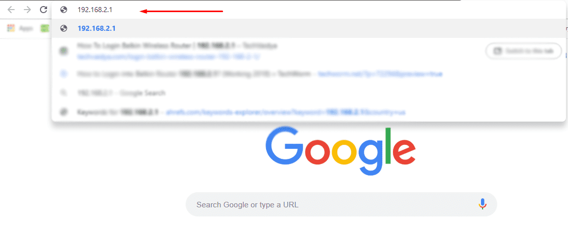 Ввод адреса 192.168.2.1 в адресную строку браузера