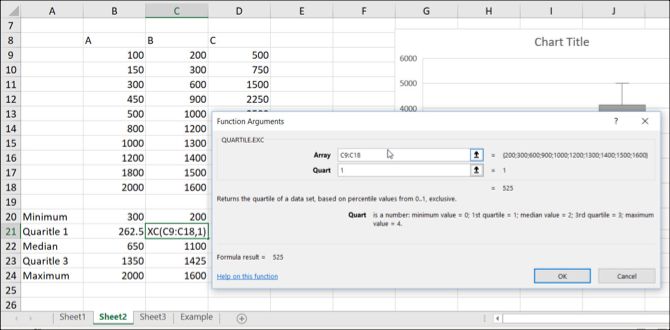 Окно аргументов функции квартиля в Excel