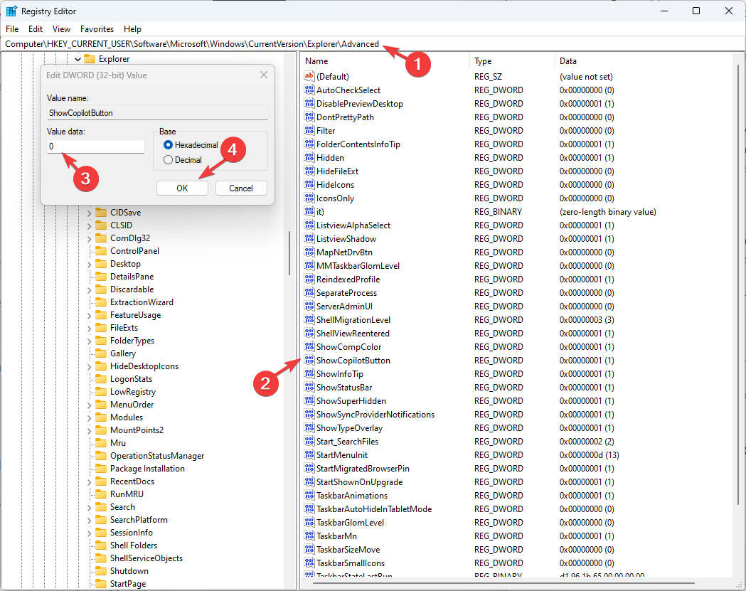 regedit_remove the Windows Copilot button