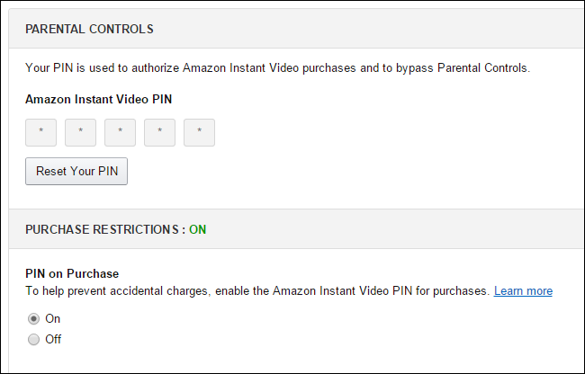 Панель управления Amazon для создания PIN и включения ограничений
