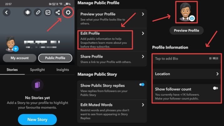 Редактирование публичного профиля: экран настроек Snapchat