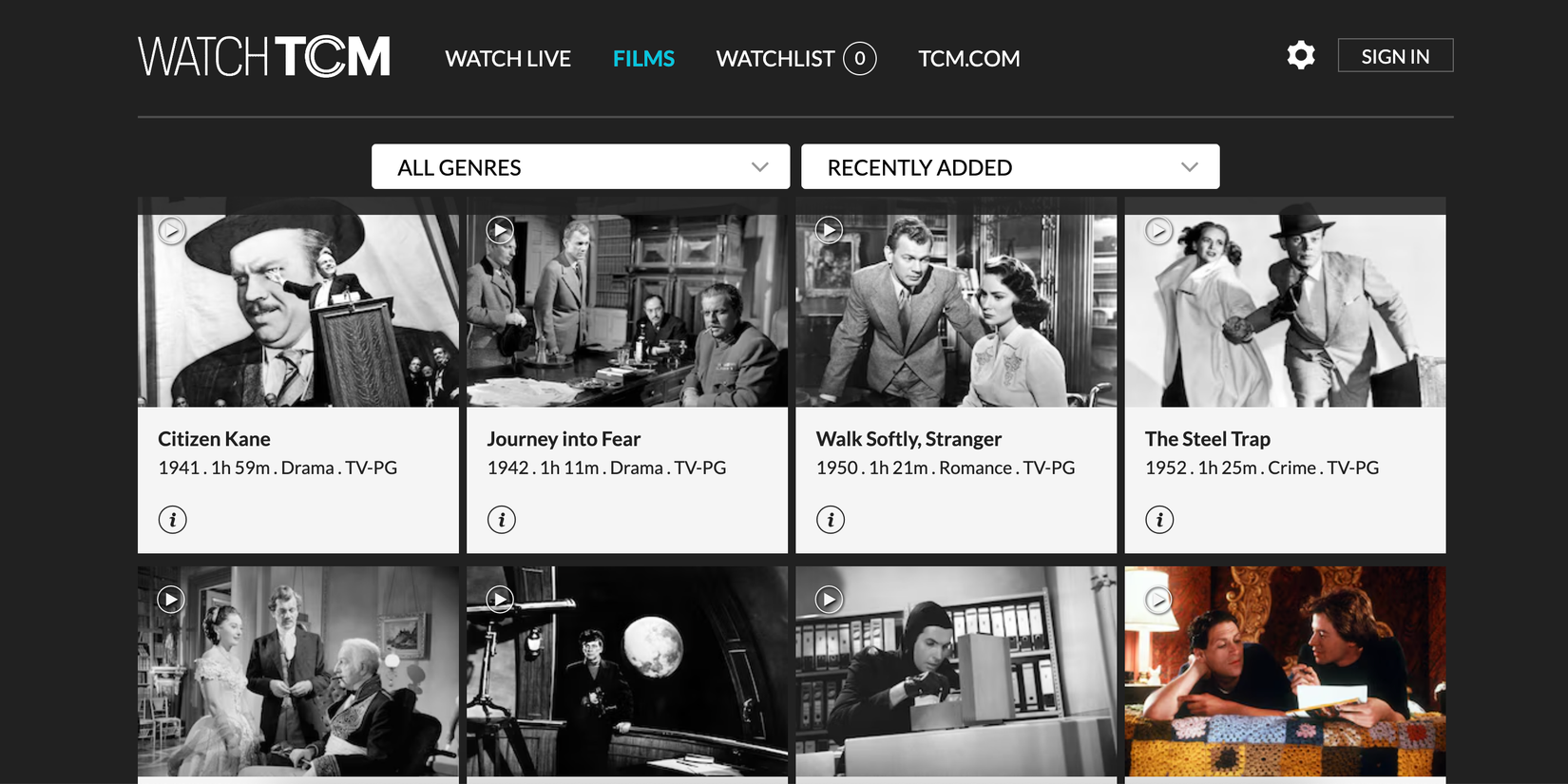 Интерфейс Turner Classic Movies, отображающий подборку для стримингового сервиса Watch TCM
