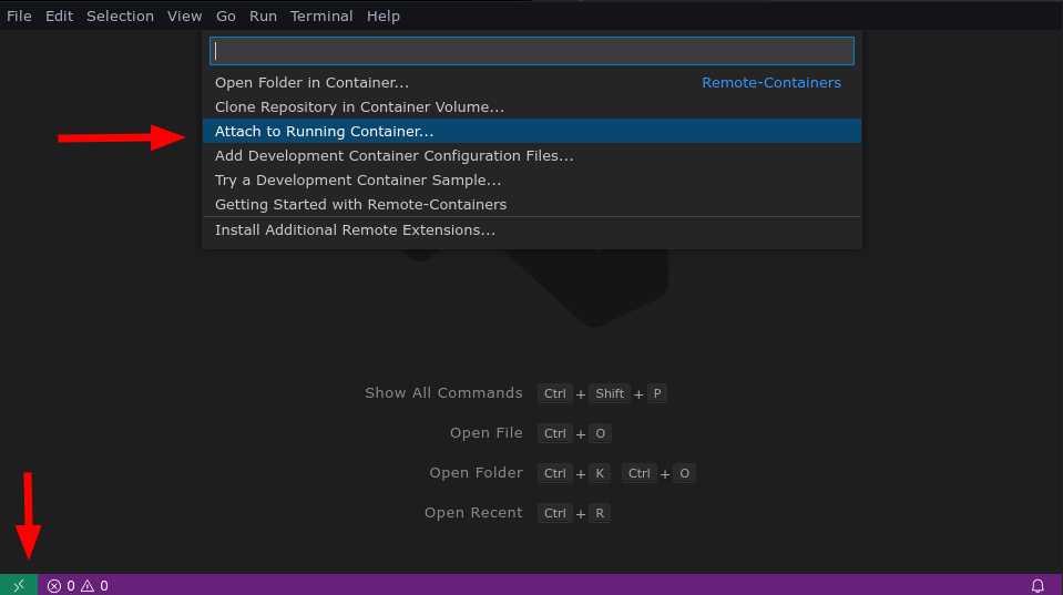Скриншот процесса подключения к Docker-контейнеру с расширением Remote - Containers