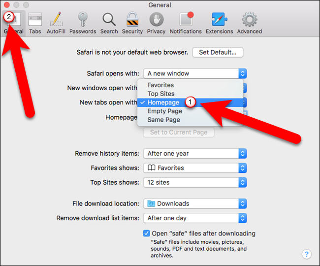 Выбор открытия новых вкладок с домашней страницы в Safari