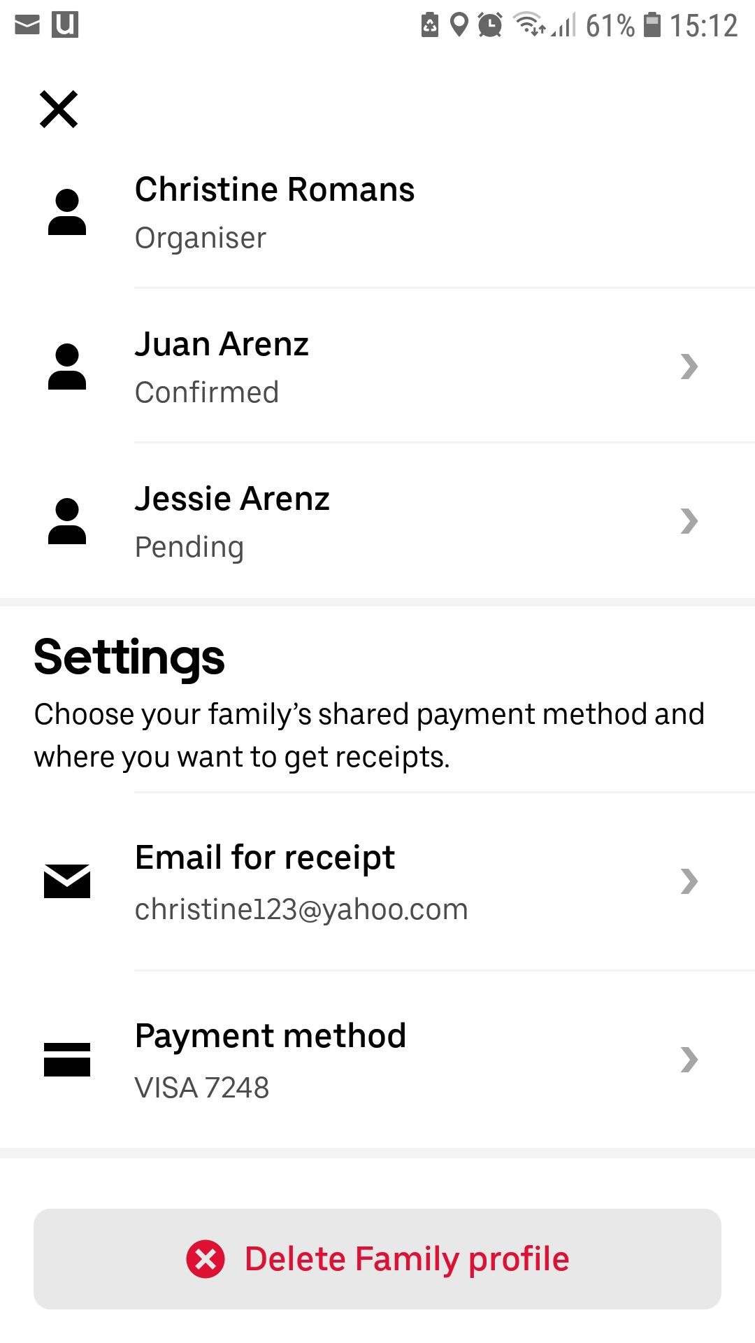 Экран приложения Uber — настройки семейного профиля