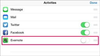 Переключатель Evernote в списке расширений iOS