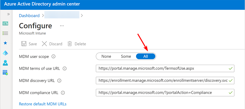 Параметры MDM User scope для Intune