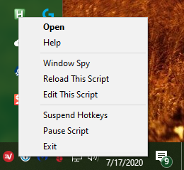 Меню скрипта в системном трее