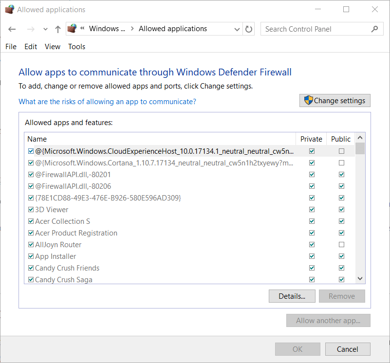 Окно разрешённых приложений в брандмауэре Windows