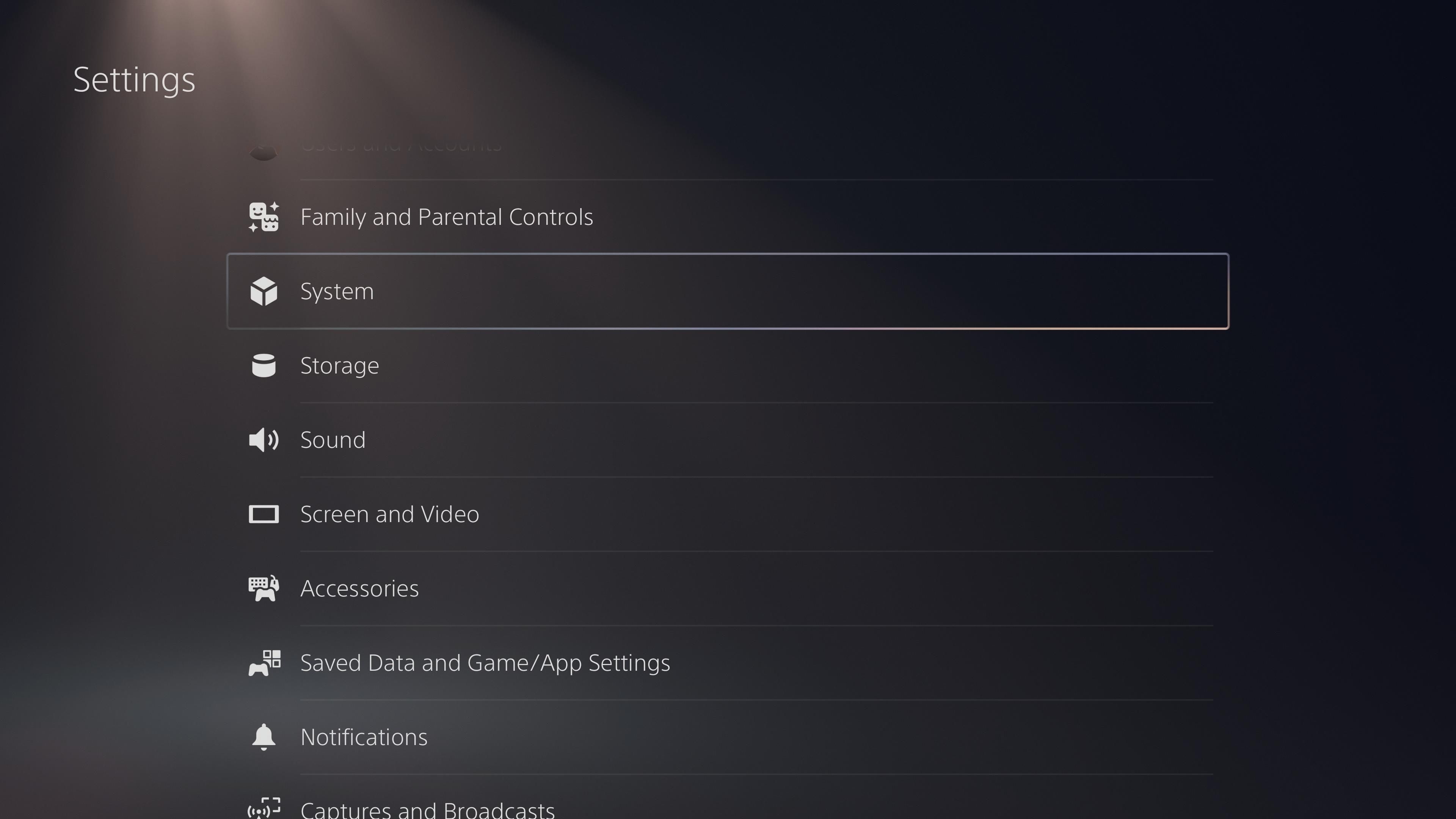 Меню параметров системы PS5