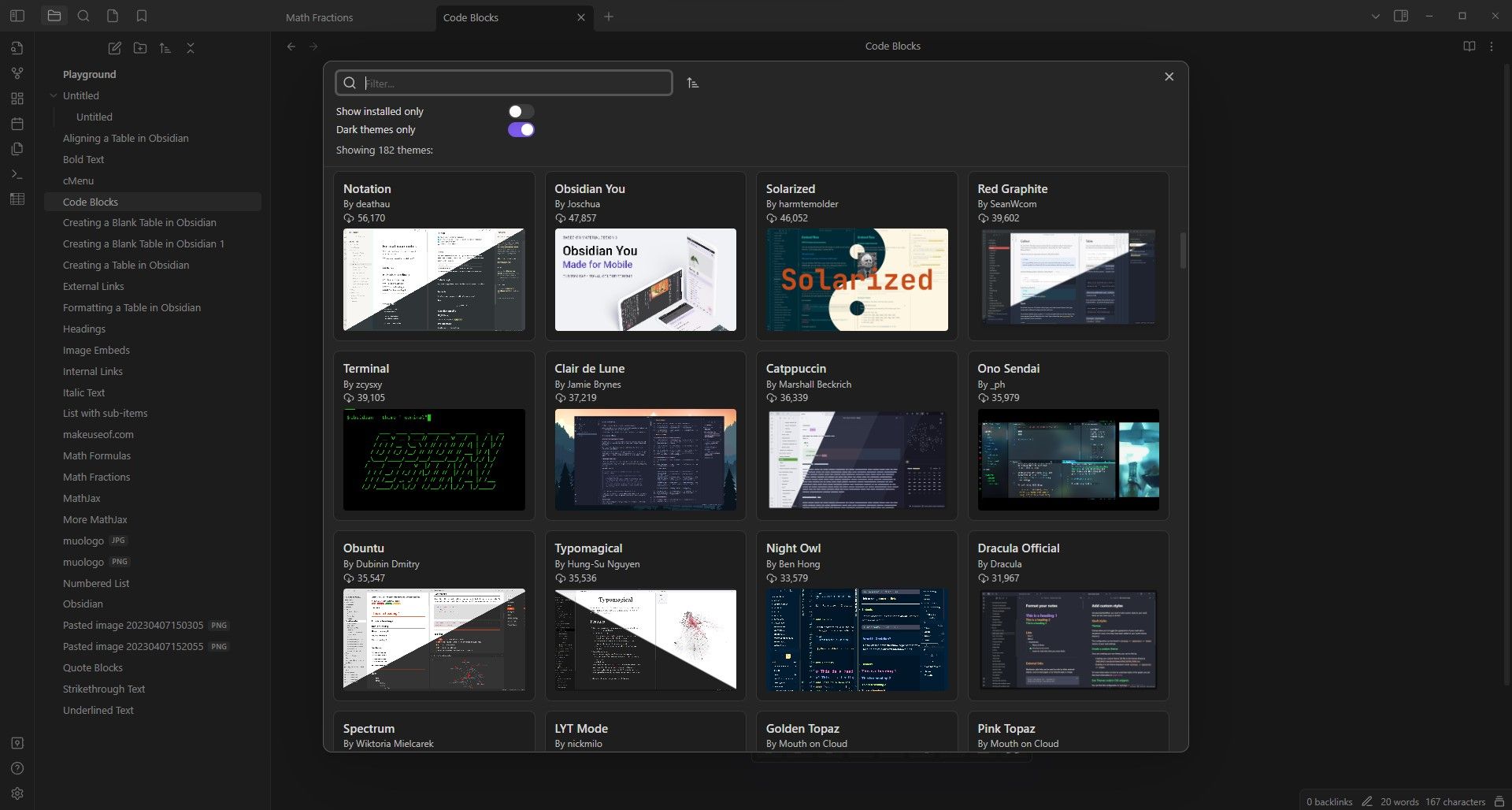 Браузер тем Obsidian со списком доступных тем