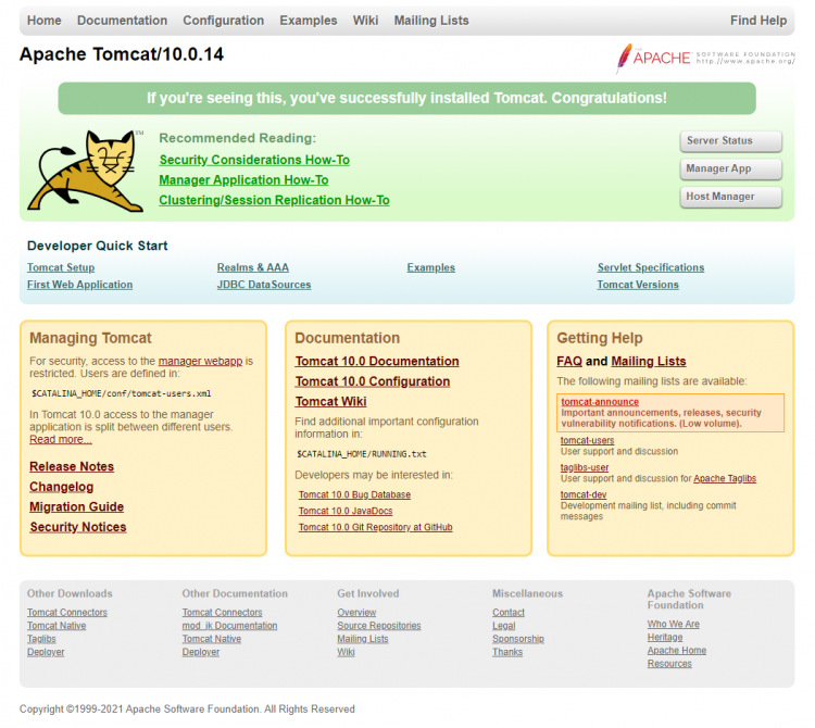 Веб-интерфейс управления Tomcat — главная страница