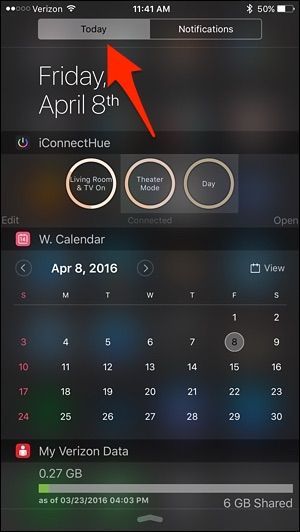 Центр уведомлений iOS с вкладкой Сегодня