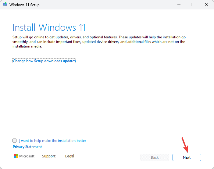 Мастер установки Windows кнопка Далее