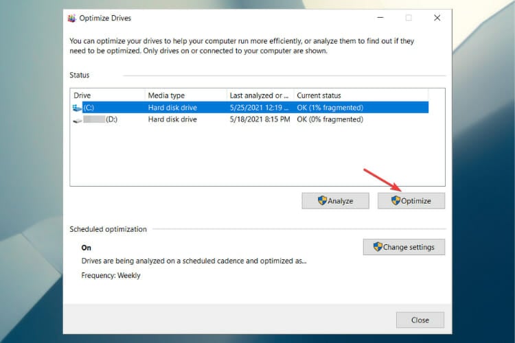Кнопка оптимизации в утилите дефрагментации