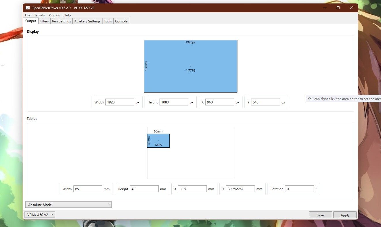 Главный экран Open Tablet Driver