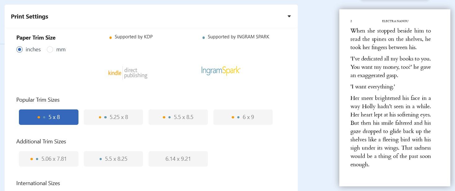 Выбор размера обреза бумаги в настройках печати Atticus