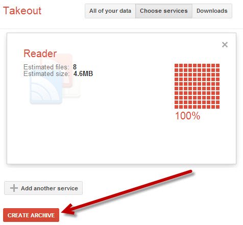 Экспорт подписок Google Reader через Google Takeout.