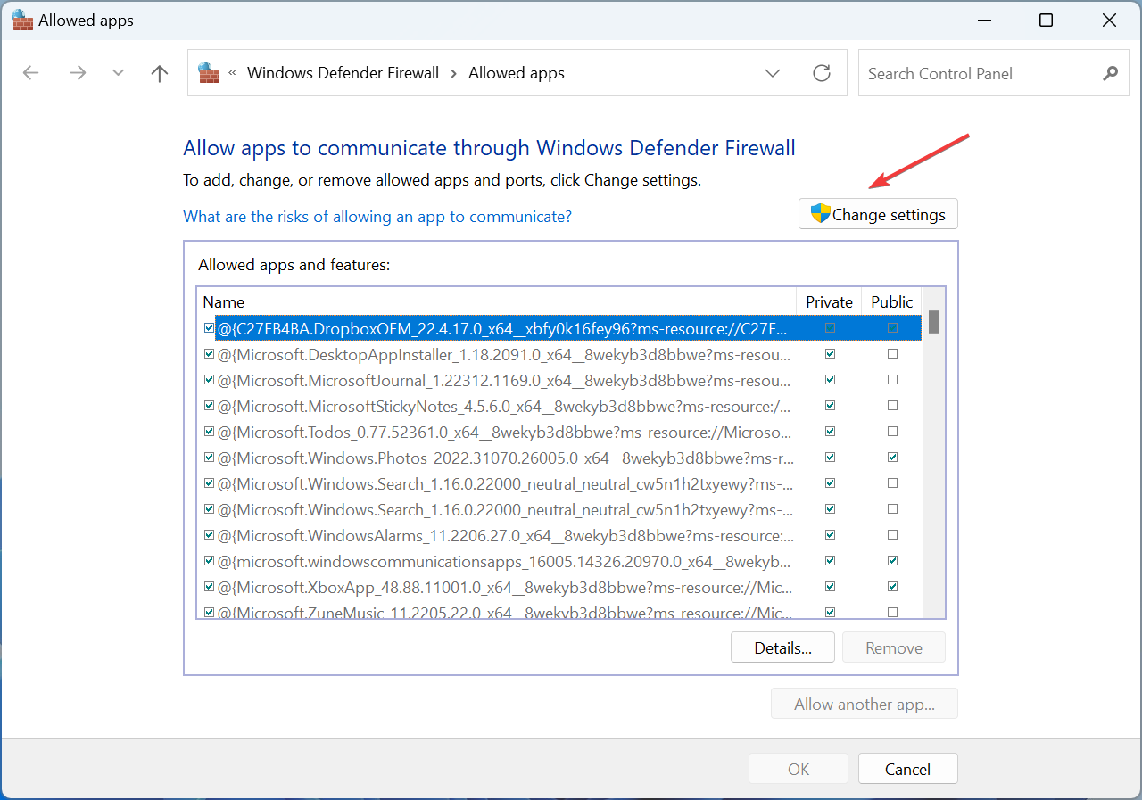 Изменение параметров брандмауэра
